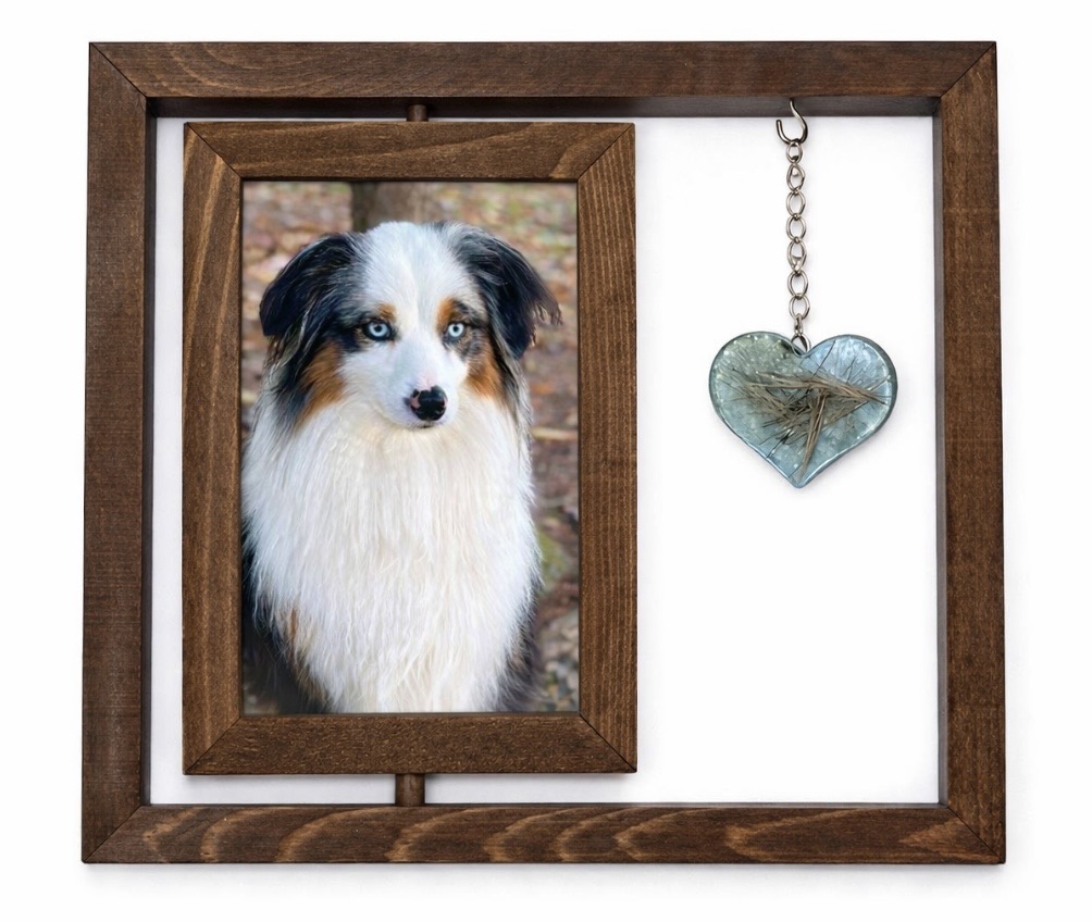 Framed pet photo memorial with hair heart charm