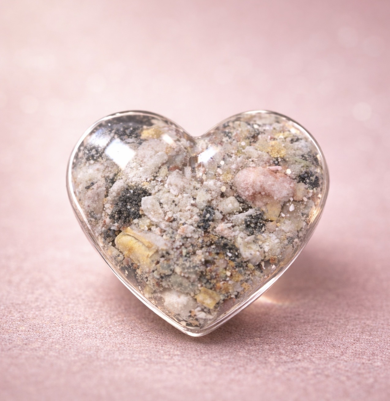 Heart-shaped memorial keepsake with ashes in clear resin on soft dusty rose background - Emilee's PawPrintz