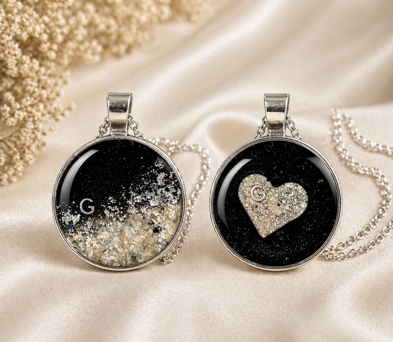 Round black ash and heart memorial jewelry set