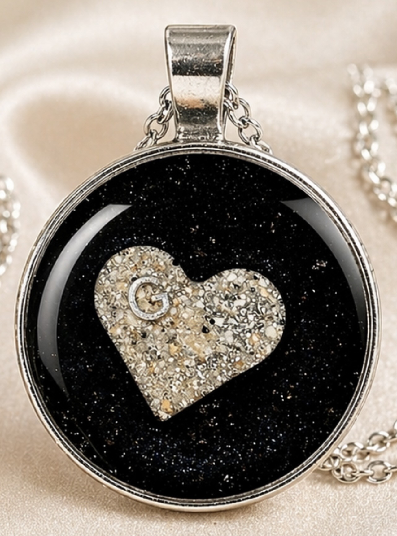 Black heart ash initial G memorial pendant